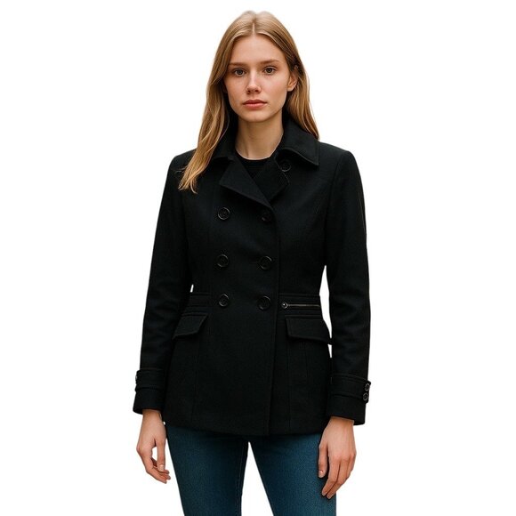 Moda International Peplum Wool Peacoat Black Size XS Y2K Vintage Minimalist Cozy - Picture 1 of 12